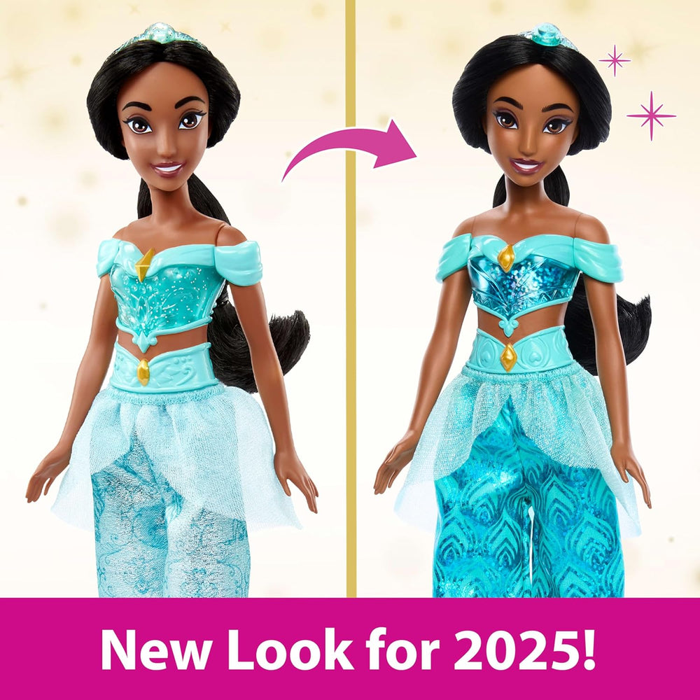 Jucărie Mattel Disney Princess, Păpușă la modă articulată Jasmine cu haine și accesorii strălucitoare, inspirată din filmul Disney, cadou pentru copii, HLW12