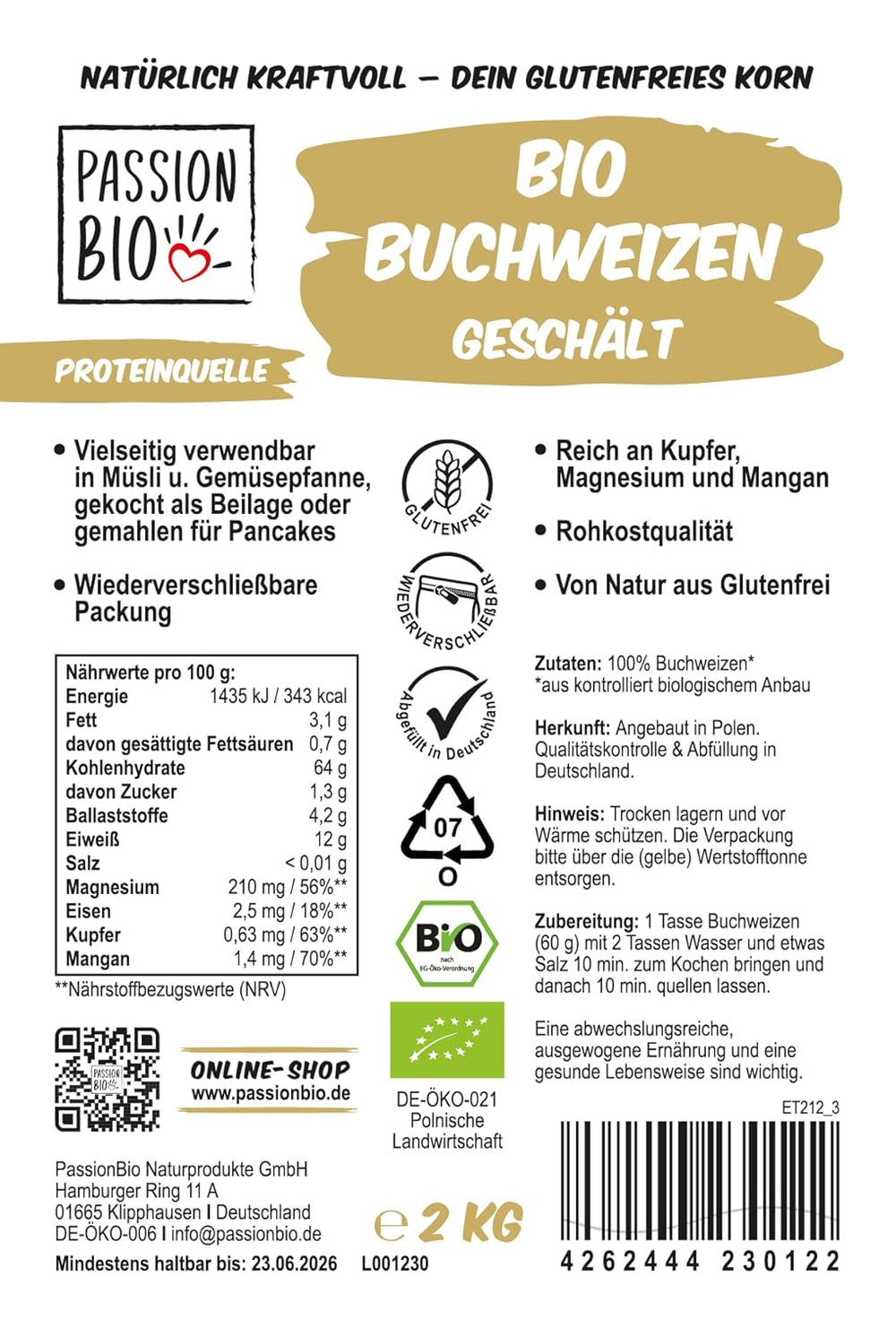 PassionBio Bio-Buchweizen 2 kg – wiederverschließbare Verpackung – Rohkostqualität
