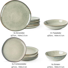 Set de veselă GBhome din gresie pentru 6 persoane, 24 de piese, glazură reactivă, lucrat manual, potrivit pentru cuptorul cu microunde și mașina de spălat vase, set de boluri și farfurii, Desret Sage, GDW007GY-24P-EU