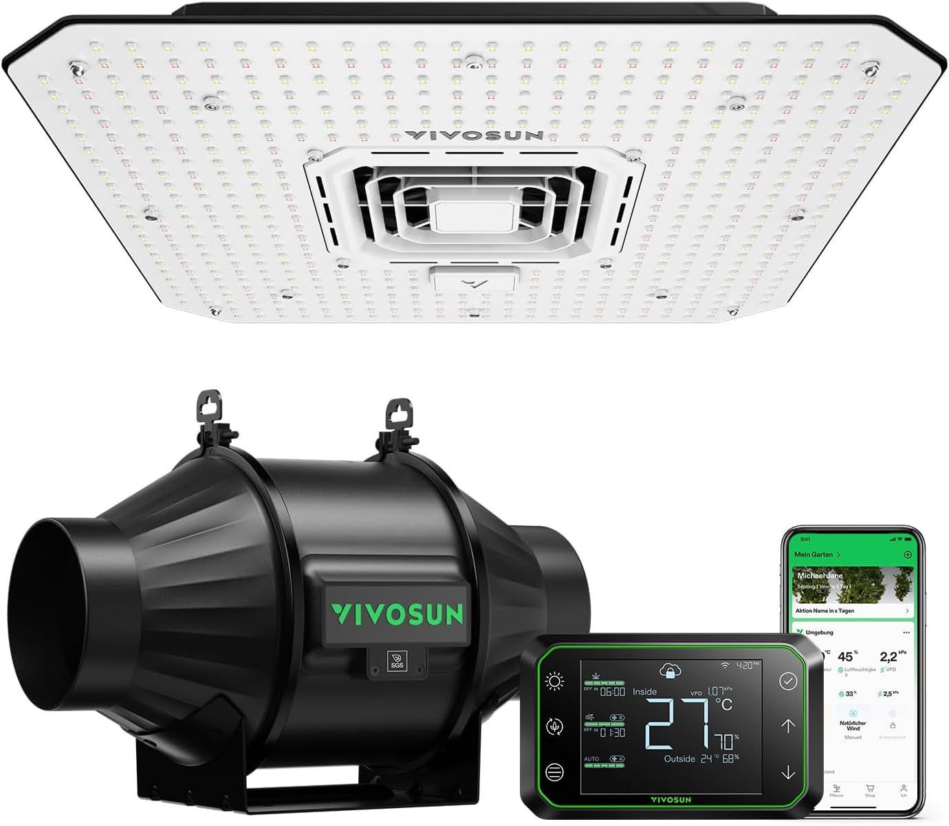 VIVOSUN Smart Grow System mit 100 W AeroLight A100SE LED-Lampe mit integriertem Umwälzventilator, AeroZesh T4 100 mm 357 m³/h Kanalventilator und GrowHub E42A Controller für Wachstumszelte und Indoor-Anbau