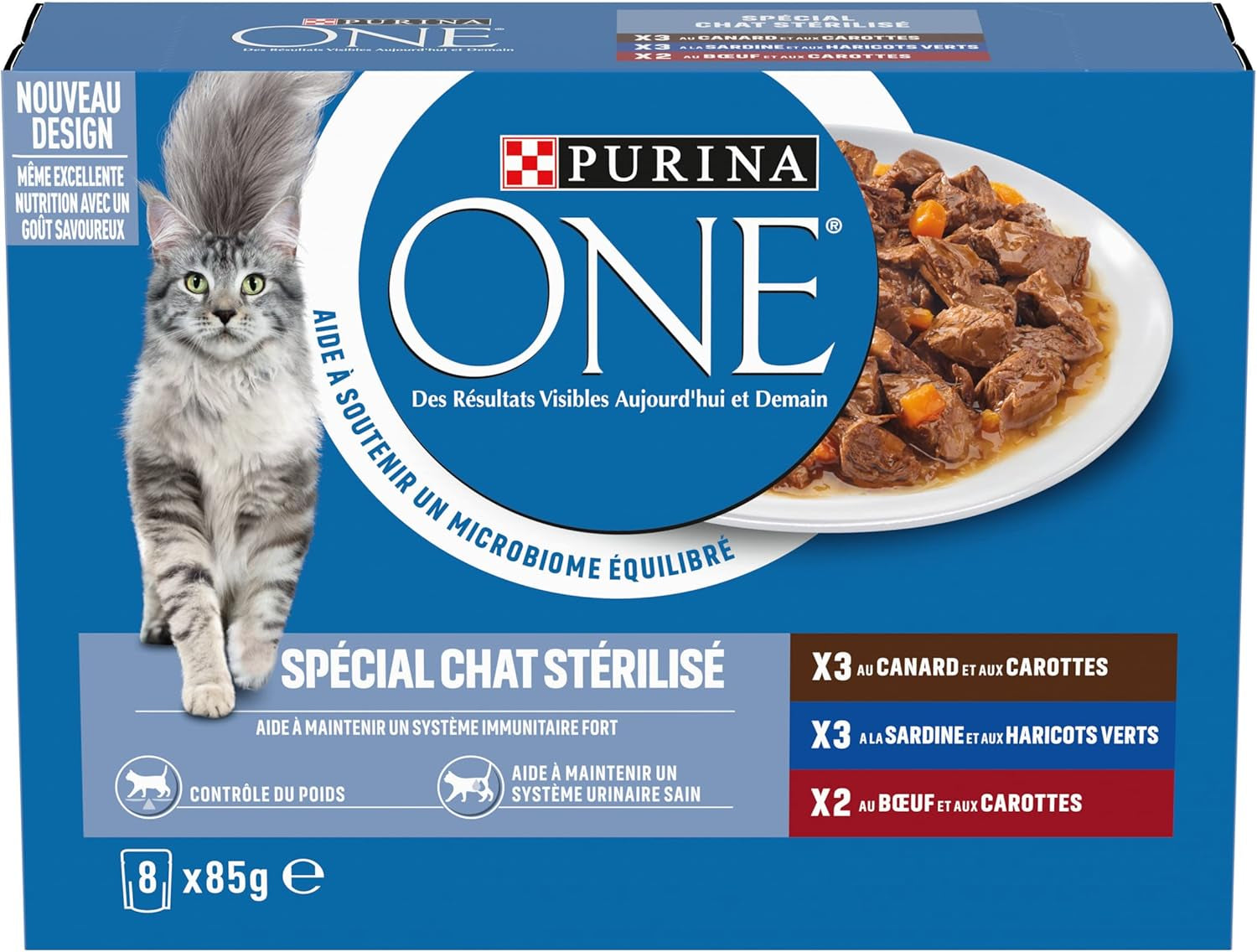 PURINA ONE | BIFENSIS | Hrană pentru pisici adulte sterilizate | Susține vitalitatea pisicii, oaselor, mușchilor și articulațiilor | În sos | Pliculețe cu rață, sardine, vită, prospețime | 1 bucată (8 x 85g)