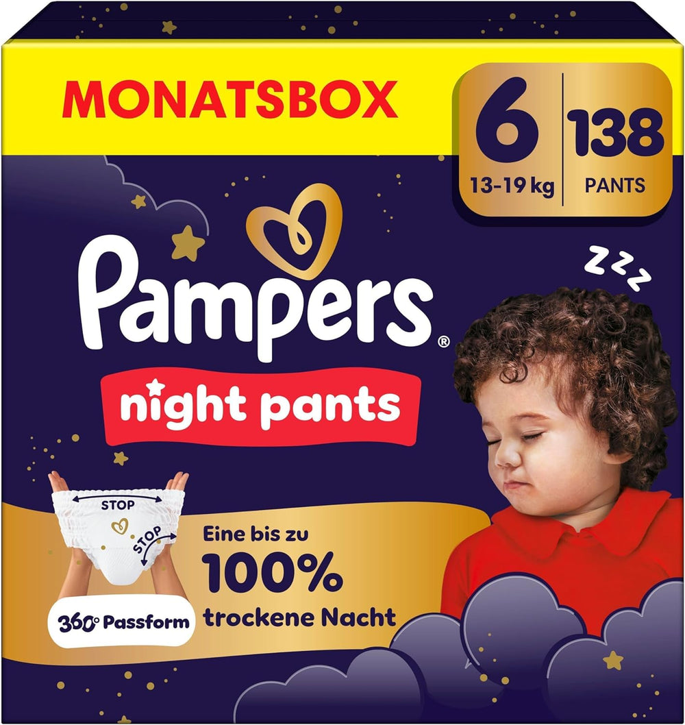 Pampers Night Pants Windeln der Größe 6, 138 Stück, 13 kg–19 kg, bieten zusätzlichen Schutz für die ganze Nacht.