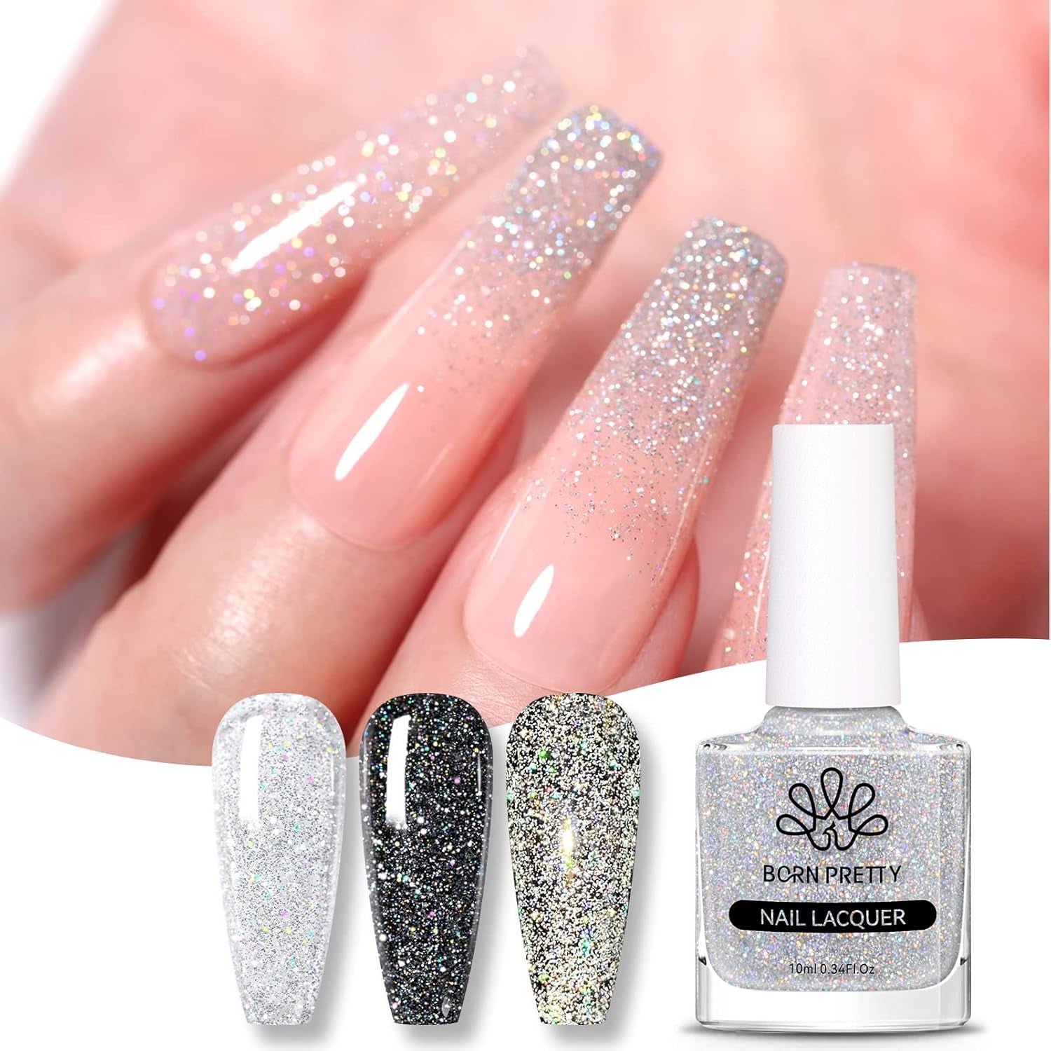 Born Pretty Glitzer-Nagellack, Rainbow Shining Glitter Super Shine Black Nail Art Nagellack