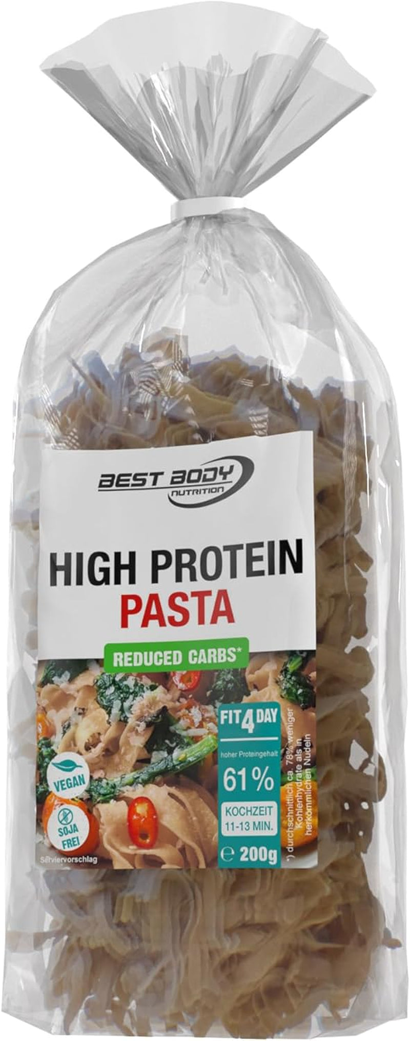 Best Body Nutrition Protein Pasta 6 x 200 g – Fit4Day High Protein Tagliatelle – 61 % Protein, Low Carb, Vegan & Laktosefrei, Sojafrei – Hochwertiges Erbsenprotein – Für kohlenhydratarme Diäten