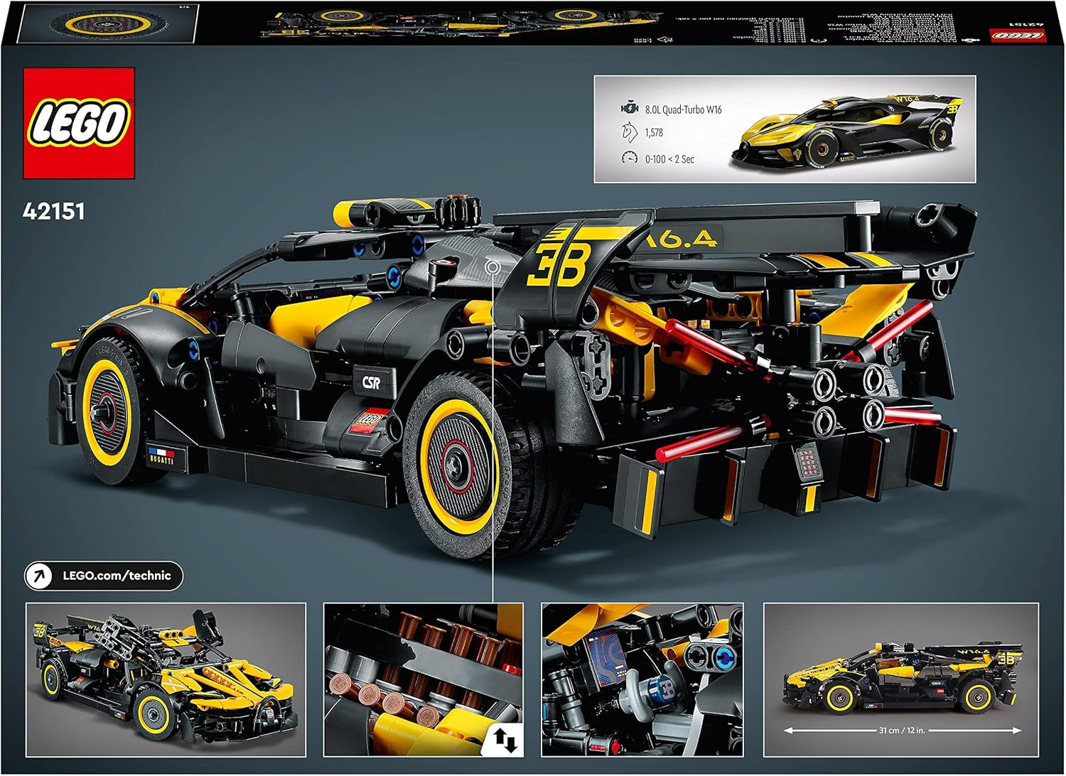 LEGO Technic Bugatti Rennwagen, Automodellbausatz, Sportwagenspielzeug, kultiges Sammlerauto-Set, Bauspielzeug ab 9 Jahren 42151 Bausätze Besuchen Sie den LEGO-Store