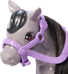 Barbie Chelsea und Pony-Puppe und Ponys – reiten beim Spielen, um sicher auf dem Pferd zu sitzen, rosa Sattel und Stöcke, inklusive Helm und süßem karierten Kleid, ab 3 Jahren, HTK29 Naty Shop-Puppen