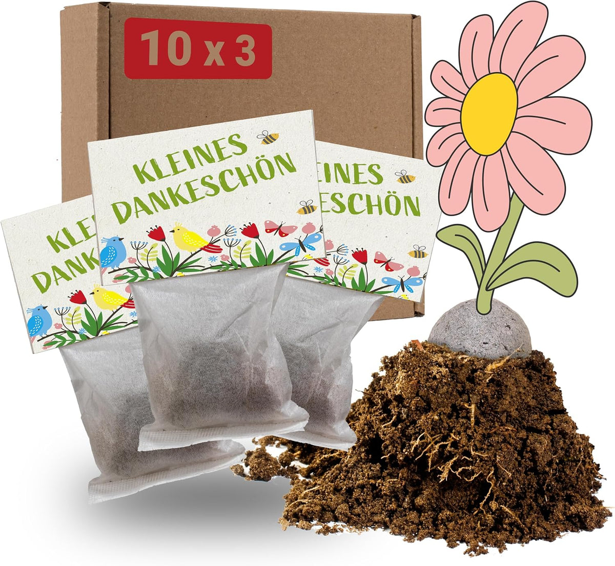 LouMaxx 10x3 handgemachtes Samenbomben-Set, Samenbomben-Geschenk, Blumensamen als Partygeschenke, nachhaltige Samen für Kinderpartygeschenke, umweltfreundliche Pflanzkugeln mit über 50 Arten von Blumensamen