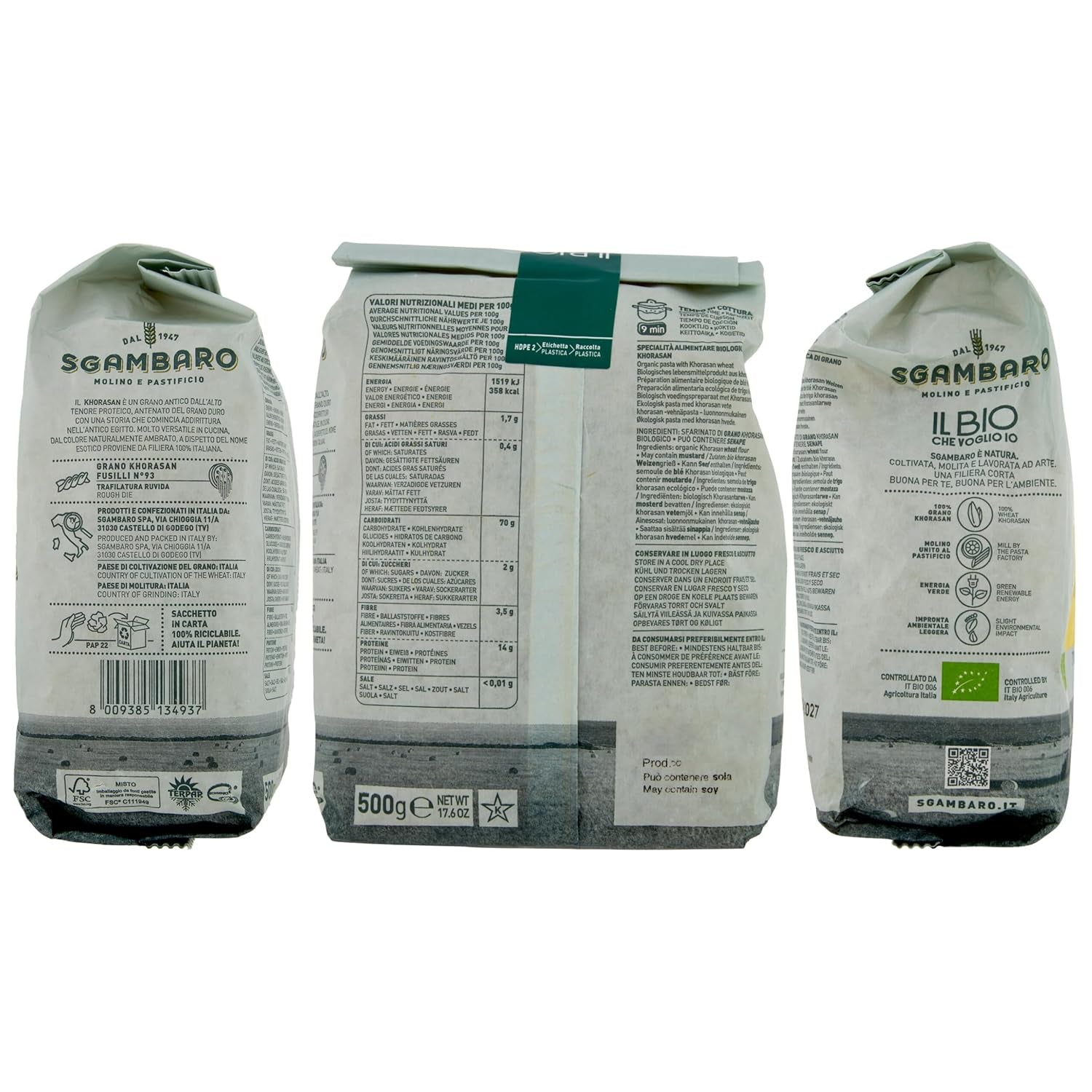 Bio-Fusilli-Nudeln Nr. 93 – 500 g Khorasan-Weizen – Uralter Weizen, reich an Proteinen, 100 % in Italien angebaut – Vielseitig in der Küche und reich an Nährstoffen