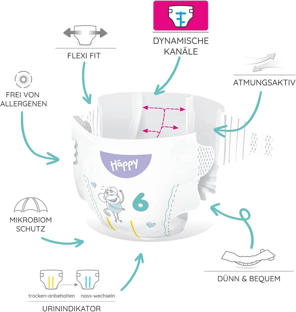 Bella Baby Happy Premium Windeln, Größe 6, Junior Extra, 15+ kg, 96 Stück, DERMATEST und OEKO-TEX Siegel, Einweg-Babywindeln