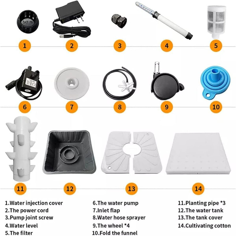 Hydrokulturturm, 15-stufiges 45-Loch-Wachs-Aquaponiksystem, kabelloses Garten-Aeroponik-Anbauset für Kräuter, Obst und Gemüse mit Trinkpumpe, Adaptern, Netztöpfen