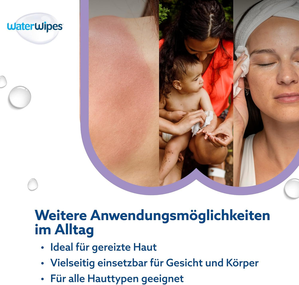 WaterWipes Sensitive+ Beruhigende, saubere Feuchttücher, 720 Stück (12er-Pack), 3-in-1-Reinigung, Pflege und Beruhigung, 99 % Wasser mit Pflanzenextrakt, parfümfreie Baby-Feuchttücher