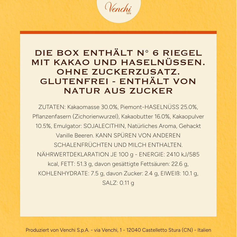 Venchi – Packung mit 6 Tafeln dunkler Schokolade mit Haselnüssen, 600 g – Ohne Zuckerzusatz – Ohne künstliche Süßstoffe – Glutenfrei – Vegan – Geschenkidee