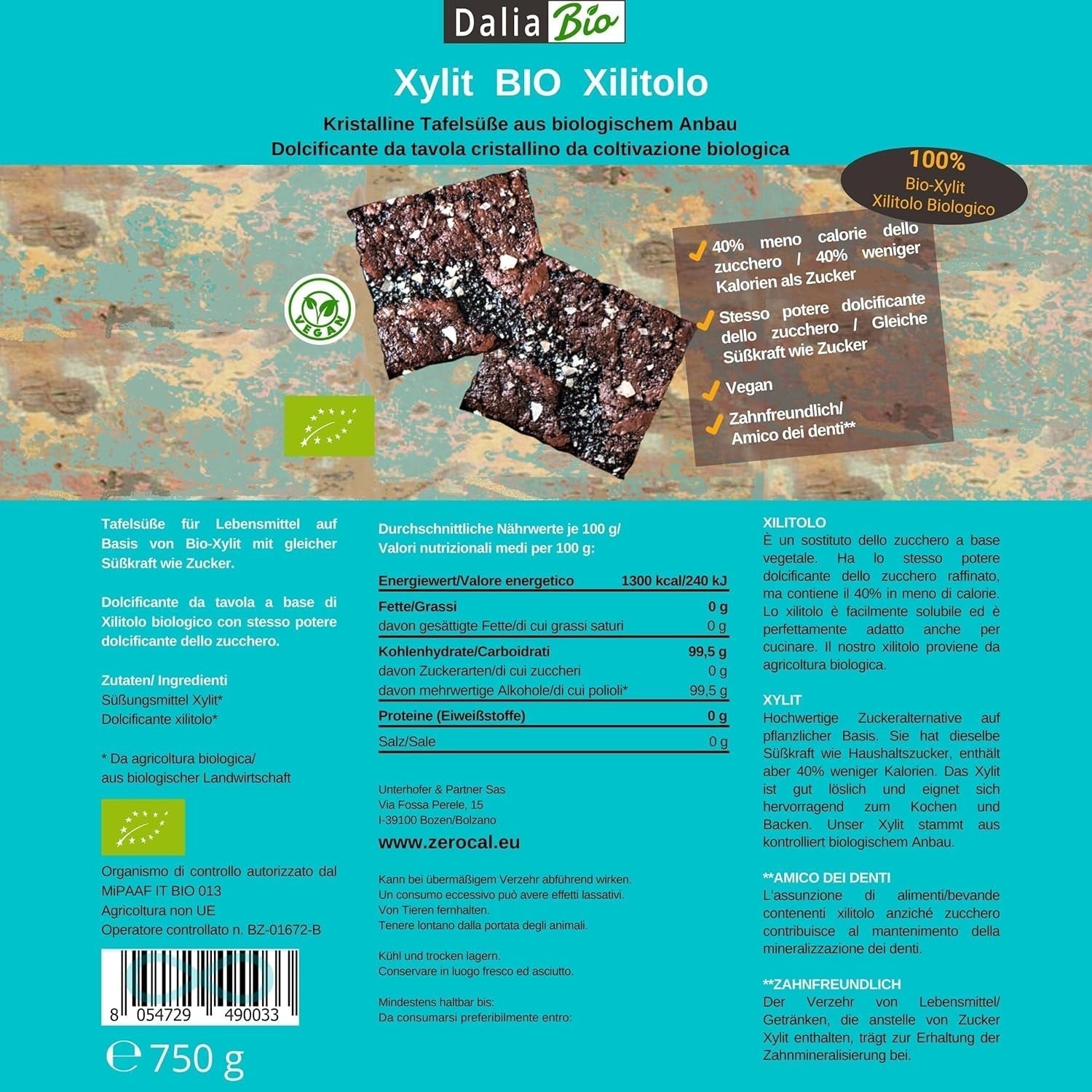 Bio Xylit Bio | Aus biologischer Landwirtschaft | 40 % weniger Kalorien Zahnfreundlich | Ideal Zum Kochen Und Backen, 750 G Süßstoffe Naty Shop