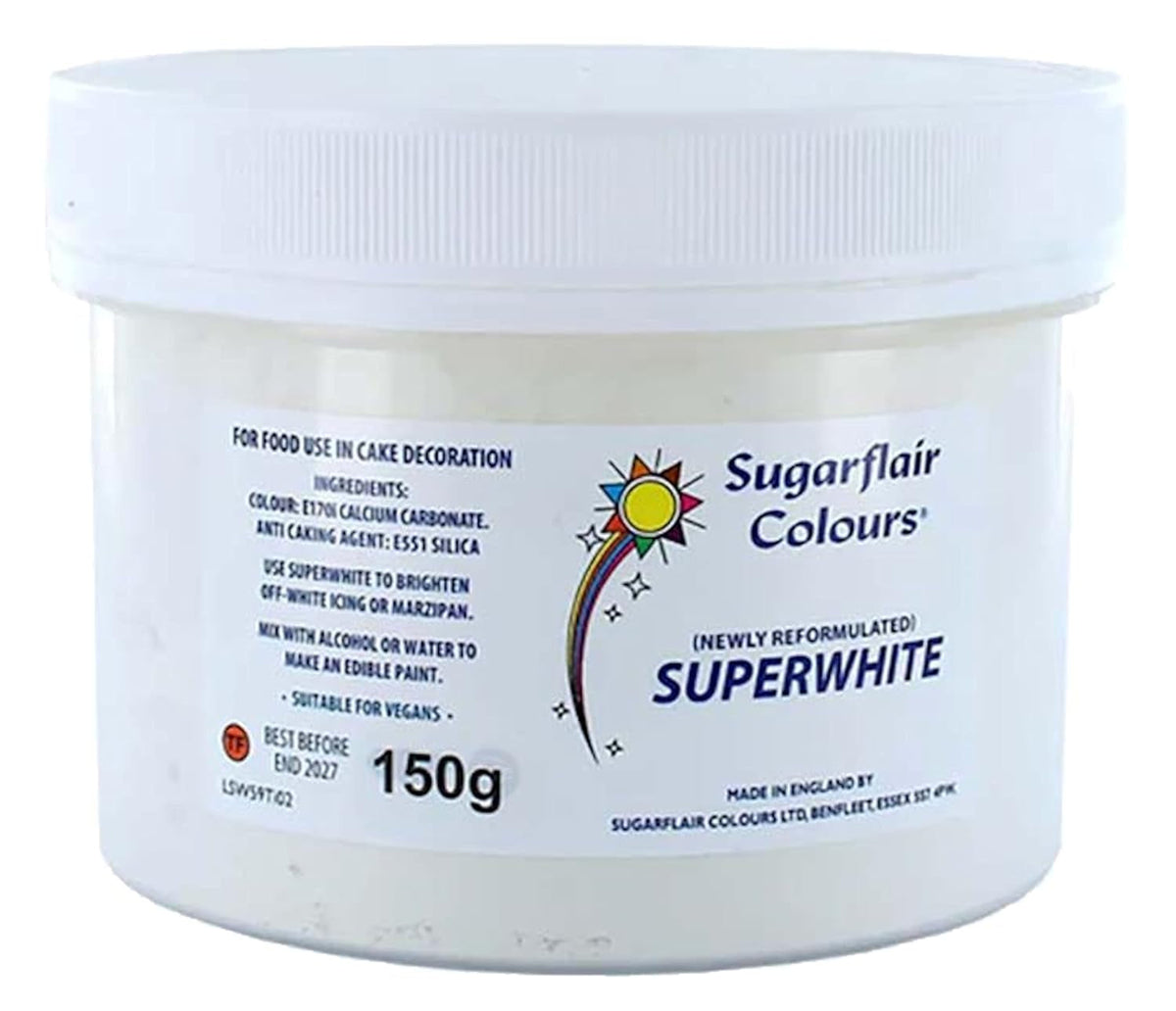 Albitor de glazură Sugarflair Superwhite, Albitor de glazură pentru Royal Icing, Colorant alimentar comestibil extra alb - 150g