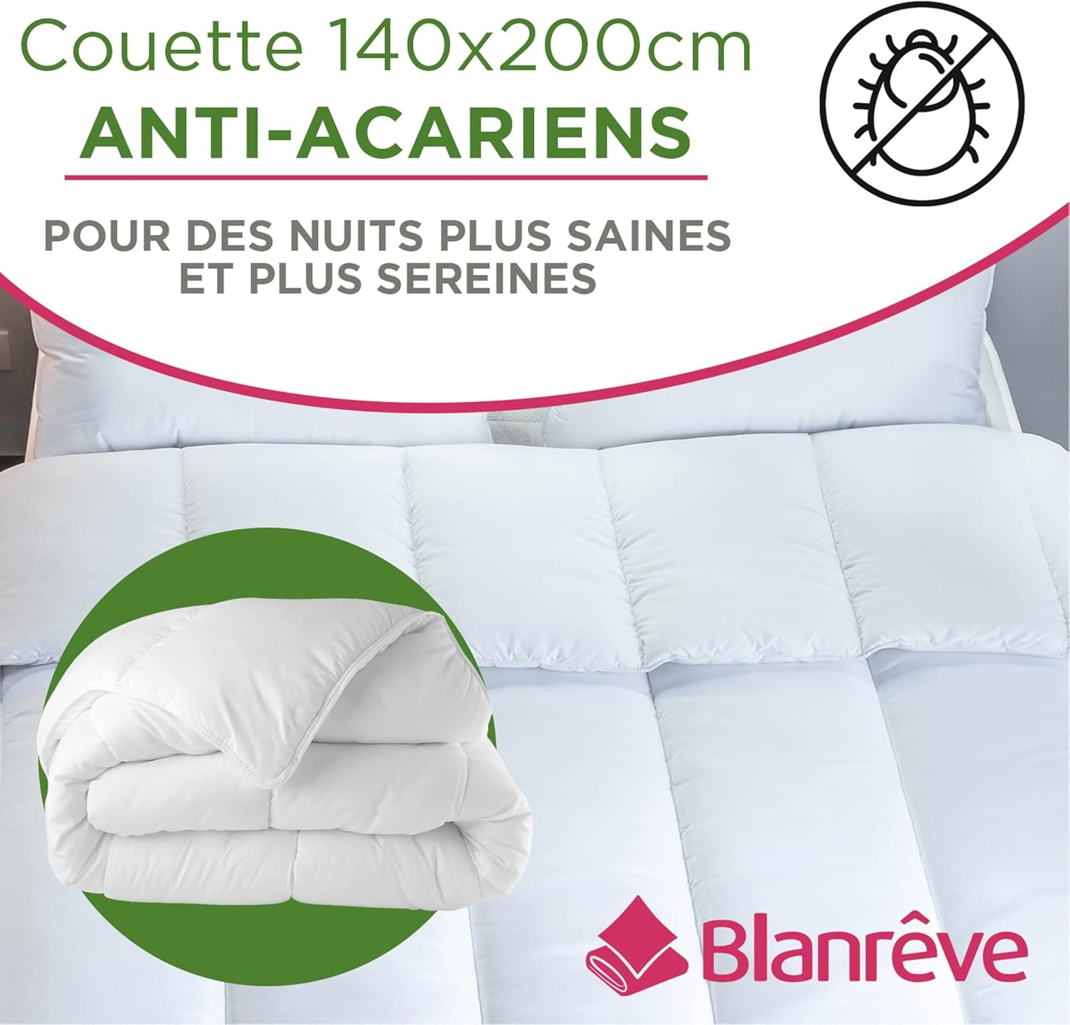 Blanrève – Steppdecke „Serenité“ – Behandlung gegen Hausstaubmilben – gemäßigte Temperatur 300 g/m² – 140 x 200 cm – für Einzelbett – maschinenwaschbar, weiß Bettdecken und Steppdecken Naty Shop