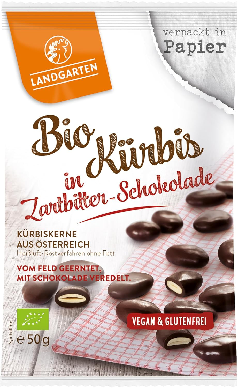 Landgarten Bio-Kürbiskerne in dunkler Schokolade – Veganer gerösteter Kürbiskern-Schokoladensnack – Magnesiumquelle – 1 x 50 g