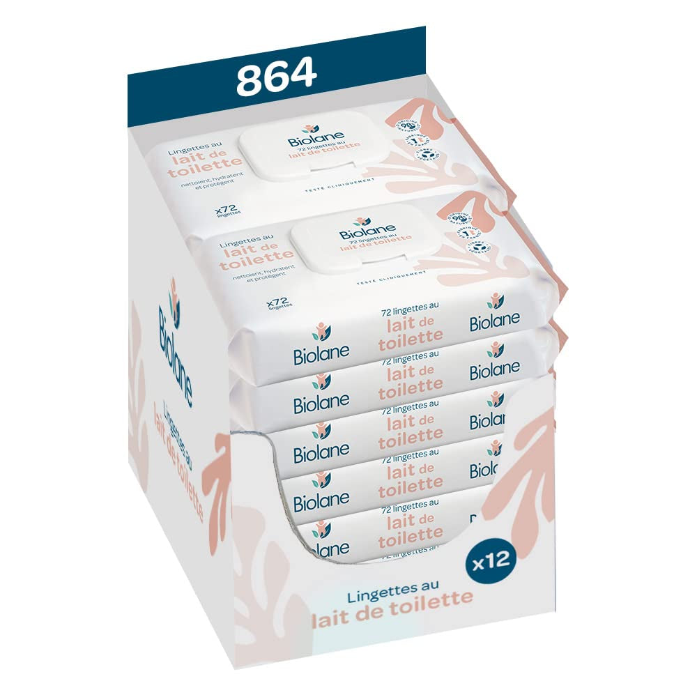 BIOLANE – 12er-Pack – Baby-Feuchttücher mit Toilettenmilch – Babys – 864 Baby-Feuchttücher – Reinigt und spendet Feuchtigkeit – Für empfindliche Haut – 98 % natürlichen Ursprungs – Von Geburt an