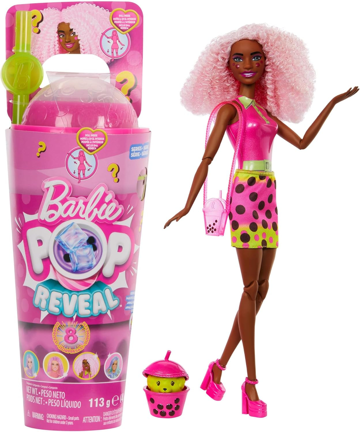 Păpușa Barbie Pop Reveal Bubble Tea și accesorii, Păpușă la modă parfumată Berry Bliss cu animal de companie, 8 surprize, inclusiv schimbător de culoare, cană de depozitare, HTJ20