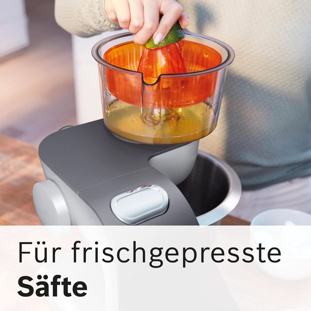 Bosch Küchenmaschine Serie 4 MUM56340, Schüssel 3,9 L, Mixer 1,25 L, Fleischwolf, Zitruspresse, Planetenrührwerk, Knethaken, Schlag-, Rührbesen, Durchlaufschnitzler, 3 Scheiben, 900 W, Silber/Grau Mutter und Kind Naty Shop