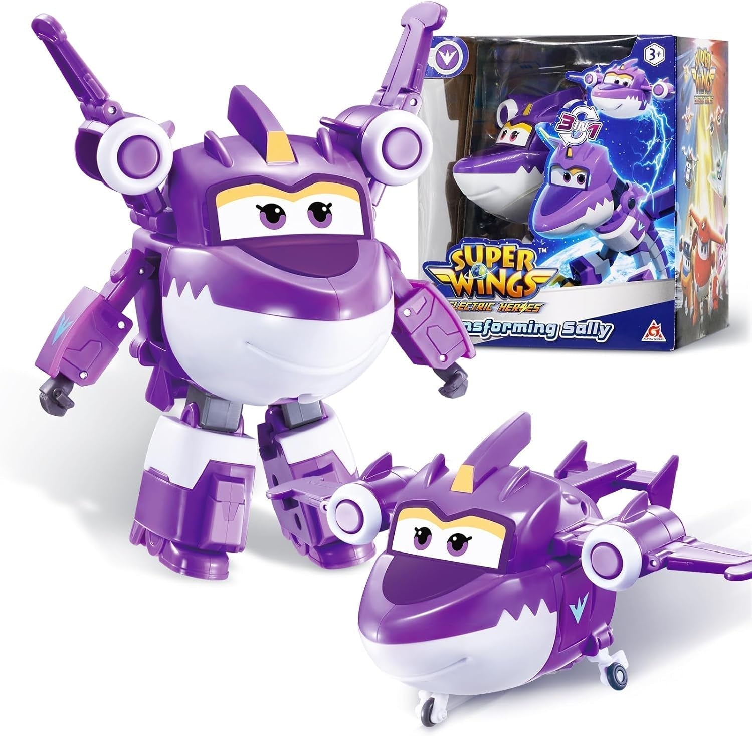 Super Wings Transformationsflugzeug Supercharged Traver, ca. 12,7 cm große Kinderspielfigur Spielzeugflugzeug und Roboterfigur für Jungen und Mädchen ab 3 Jahren Silberne Actionfiguren Naty Shop Sally