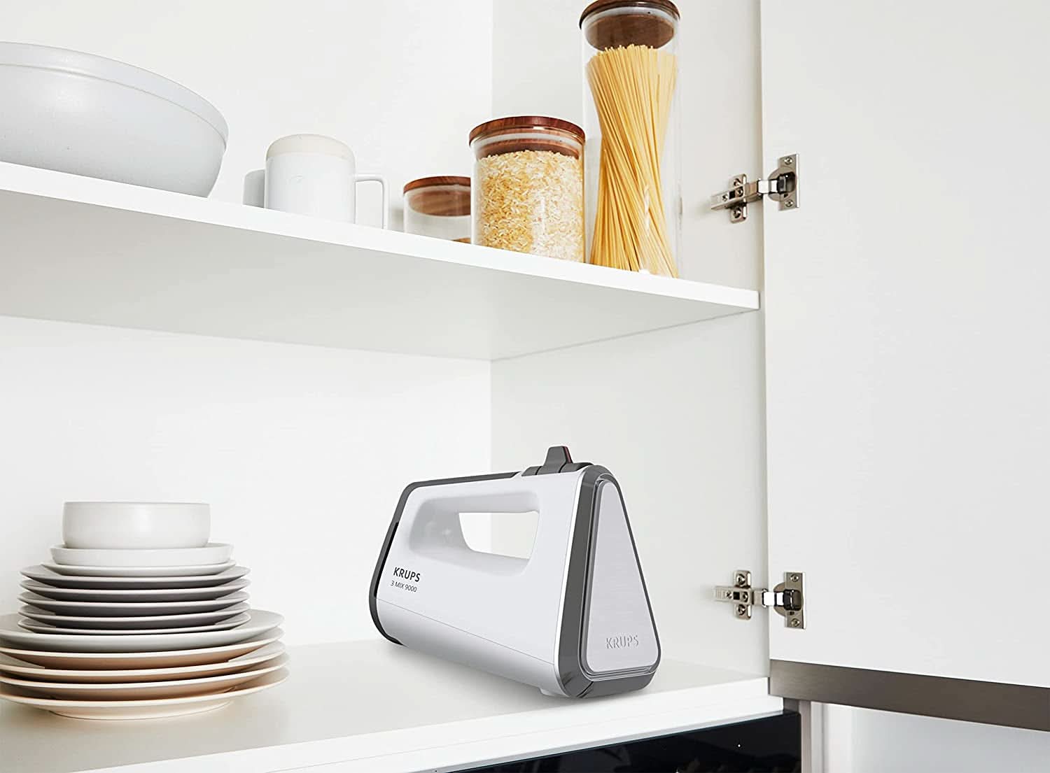 Krups GN9121 3 Mix 9000 Handmixer | 750 Watt | Geschwindigkeitsregler | Turbomodus | Auswurffunktion | Ergonomischer Griff inkl. Schneebesen, Knethaken, Pürierstab-Aufsatz, Messbecher | Weiß/Silber Naty Shop