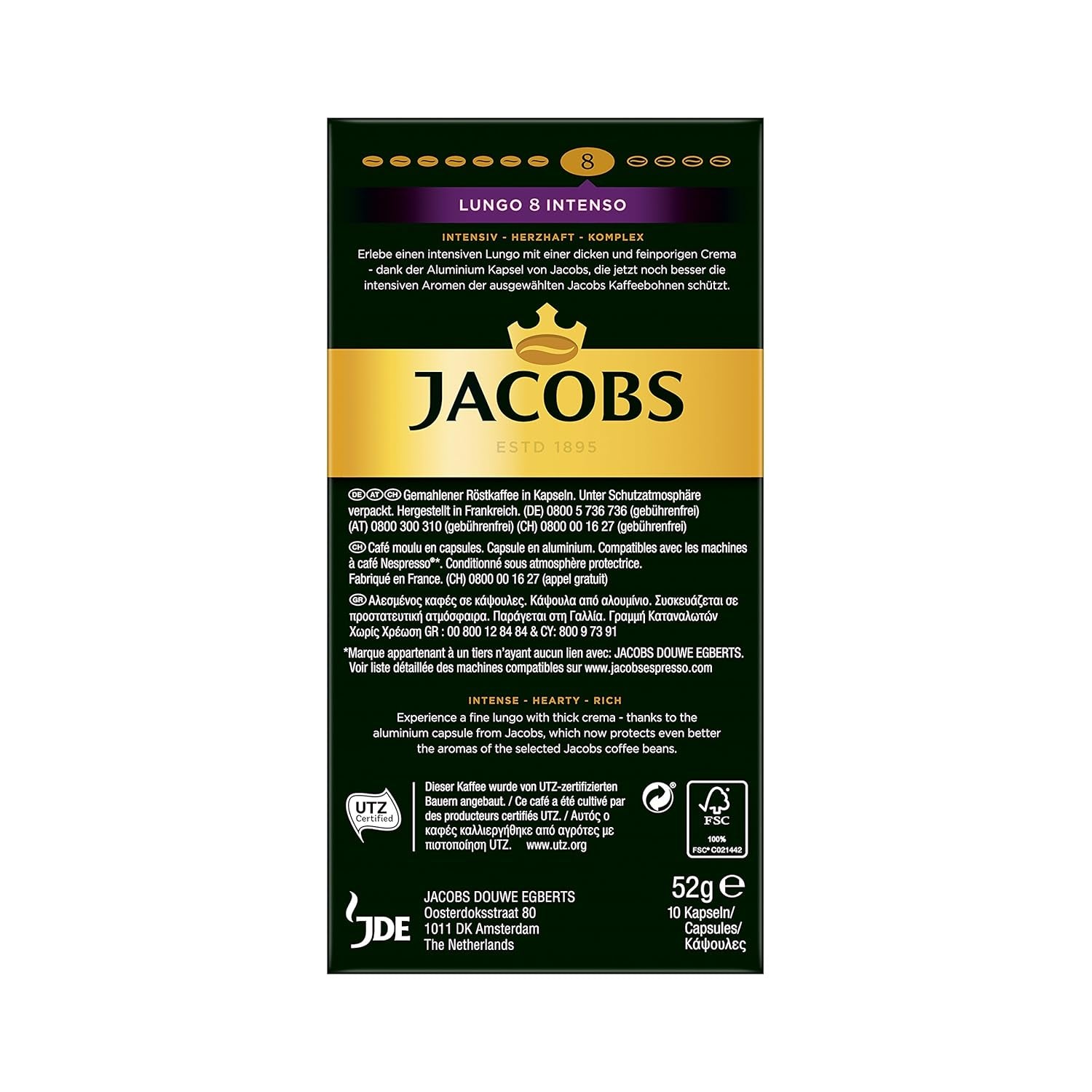 Jacobs Kapseln Lungo Intenso, Intensität 8 & Kapseln Espresso Intenso, Intensität 10,100 Nespresso®* kompatible Kaffeekapseln, 10er Pack, 10 x 10 Getränke