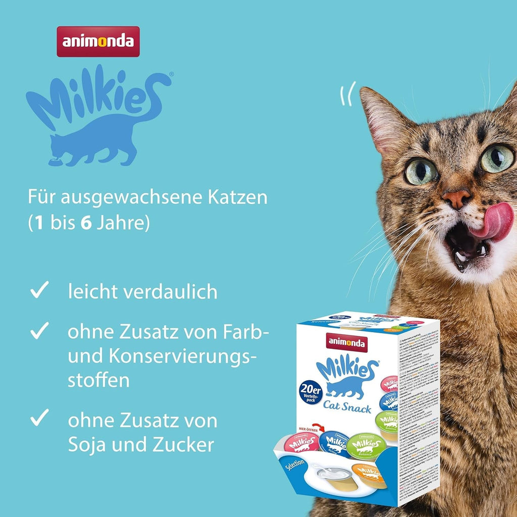 Animonda Milkies Selection (20 cupe À 15 G), lapte de pisică ușor digerabil pentru pisici adulte, pachet valoric practic cu 20 de cupe de lapte de pisică, gustare cu lapte fără soia și zahăr