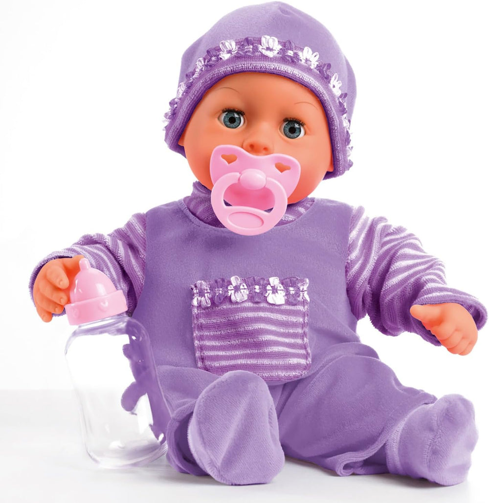 Bayer Design 93800-pink 93825AA Babypuppe First Words, Schlafaugen, spricht 24 Babylaute, weicher Körper, mit Schnuller und Flasche, 38 cm, pink