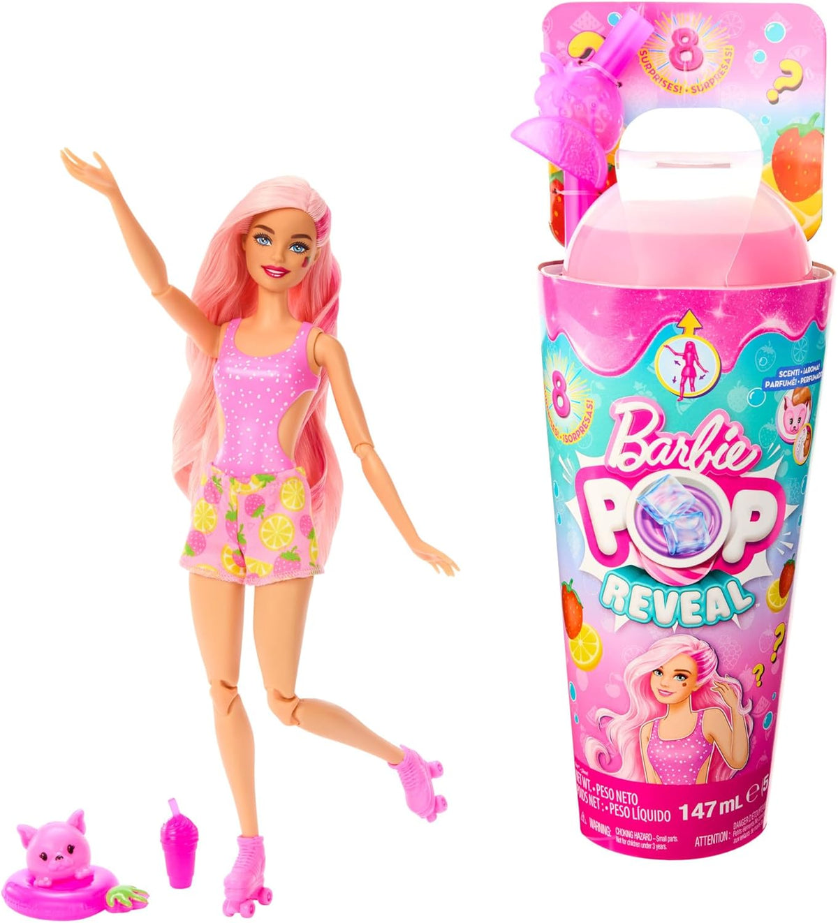 Barbie Pop Reveal Fruit - Păpuși surpriză cu 8 surprize fructate, inclusiv o păpușă poziționabilă cu parfum de limonadă de căpșuni și un cățeluș pufos, vârste 3+, HNW41