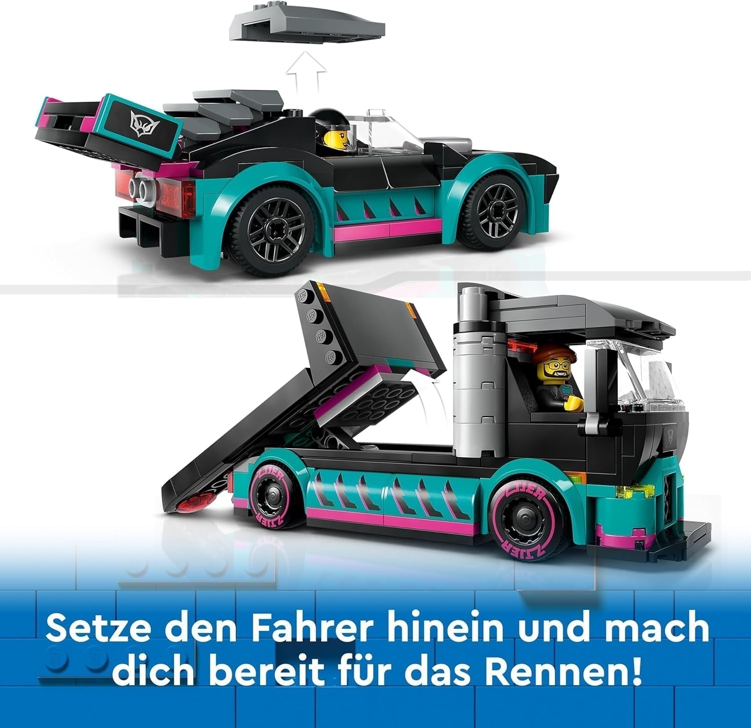 LEGO City Autotransporter mit Rennwagen, Spielzeug-LKW mit verstellbarer Laderampe und Rennwagen, Bauset mit 2 Minifiguren, Rennfahrer und LKW-Fahrer, für Kinder ab 6 Jahren 60406 Bausets Besuchen Sie den LEGO-Store