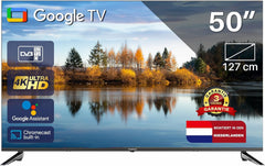 TEEVIEW Google Smart TV | 4K UHD | 50”/127cm | Design fără ramă | Tuner triplu DVB-T/T2/S/S2/C | • HDMI x3, USB x2, CI+ | Control vocal și aplicații de streaming | Asamblat în Eindhoven | TV50QUG-EU