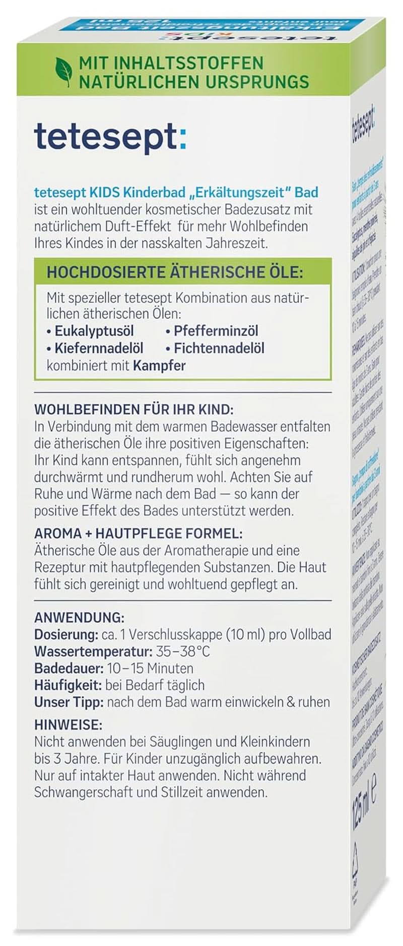 Tetesept Kids Cold Time Bath - aditiv de baie pentru copii pentru sezonul rece cu 4 uleiuri esențiale, relaxare și încălzire, 125 ml Naty Shop