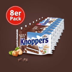 Weiße und schwarze Knoppers – 8 x 25 g – Waffelscheiben gefüllt mit dunklen Kakaowaffeln, schwarzen Keksstücken, Milch und Nougatcreme