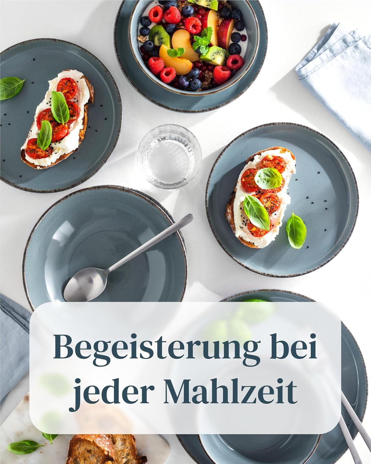 Steingut Geschirrset 12 Personen Rustic 36 tlg. TESTSIEGER, Hochwertiges Landhaussttil Steingut Geschirr Set, Schüssel- und Teller Set, Tafelservice 12 Personen, Geschirrsets Pure Living in Rauchblau