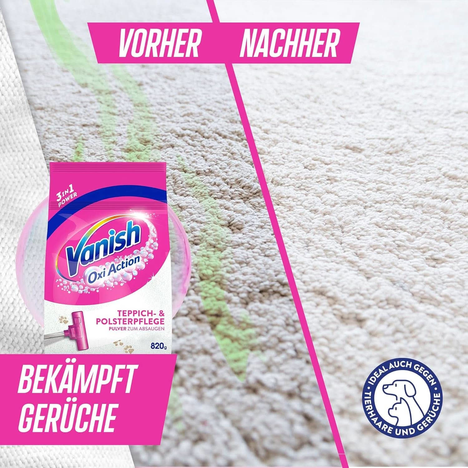 Vanish Oxi Action Teppich- und Polsterreinigungspulver – 1 x 820 g – reinigt große Flächen von Teppichen und Polstern von Schmutz, Geruch und Staub. Waschmittel Naty Shop