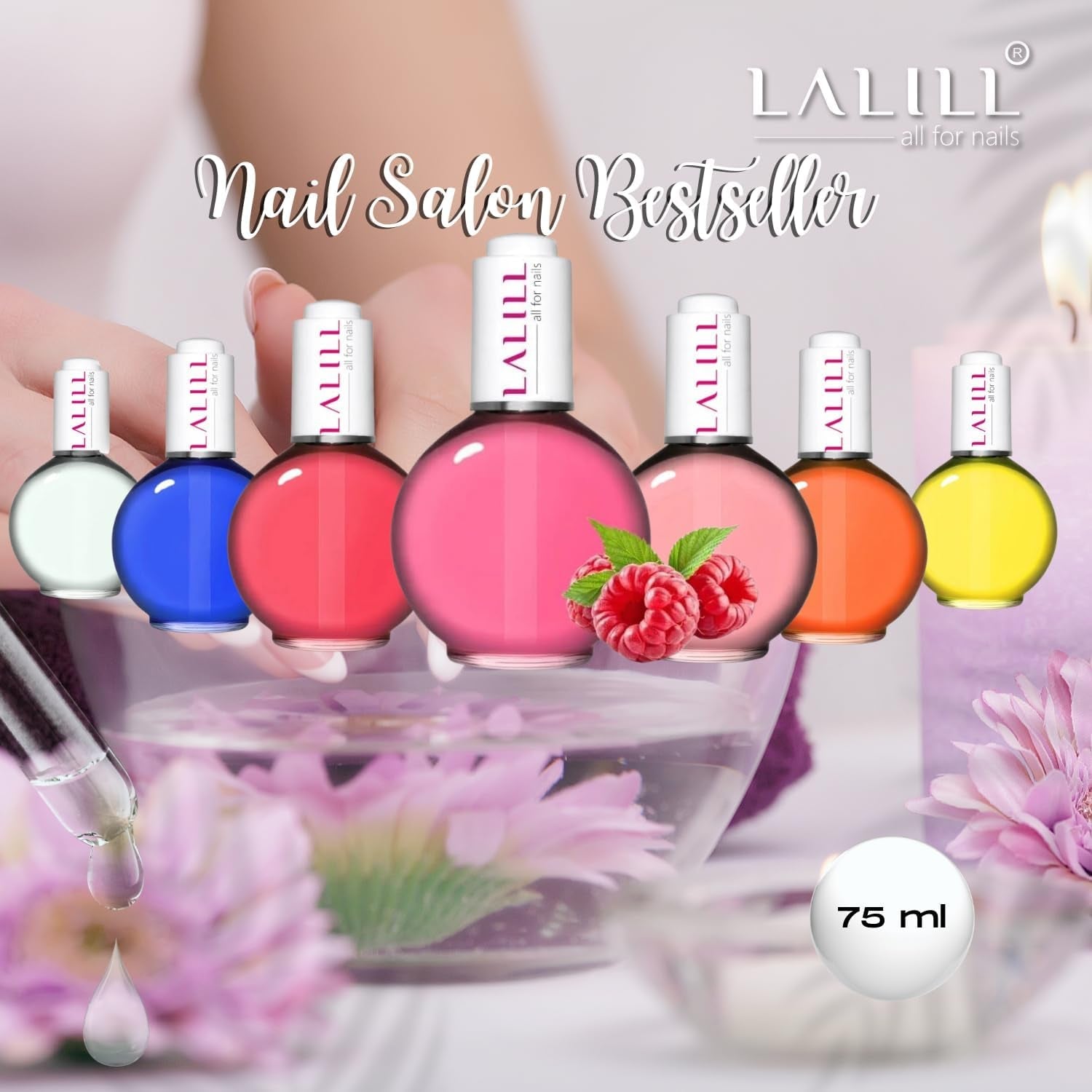LALILL Nail Cuticle Oil 75Ml - Himbeere Nagelpflegeöl - Nagelöl Pflege Für Nägel Nagelhaut - SPA Maniküre Naildesign Hände - Vegan - Mit Pipette