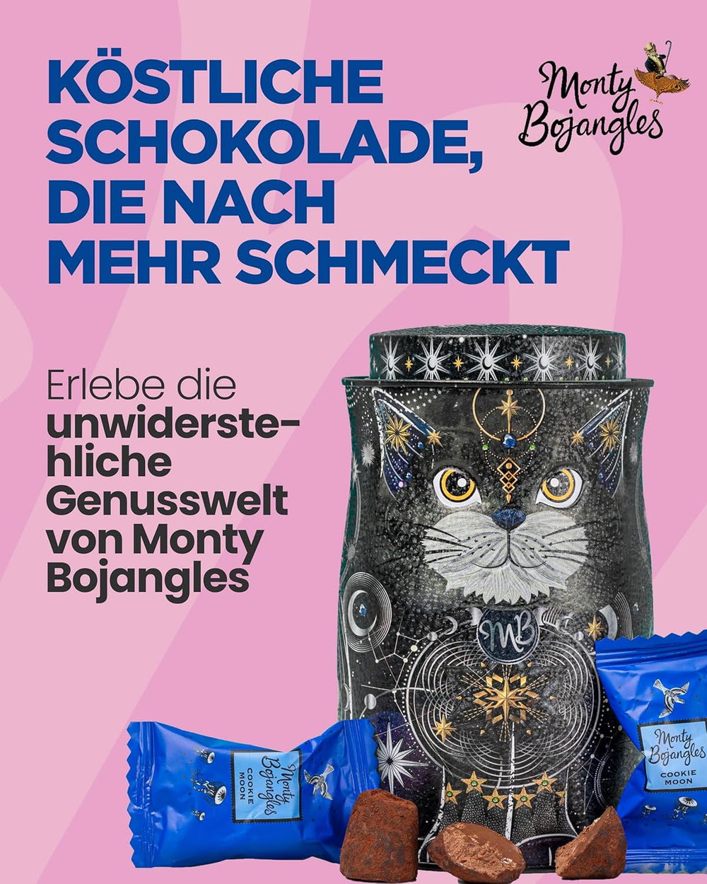Monty Bojangles Savanna Gold Schokoladentrüffel (135 g), Kakaopulver-Pralinen-Geschenkset in einer individuellen Sammlerbox im Katzendesign, Flutter Scotch-Geschmack