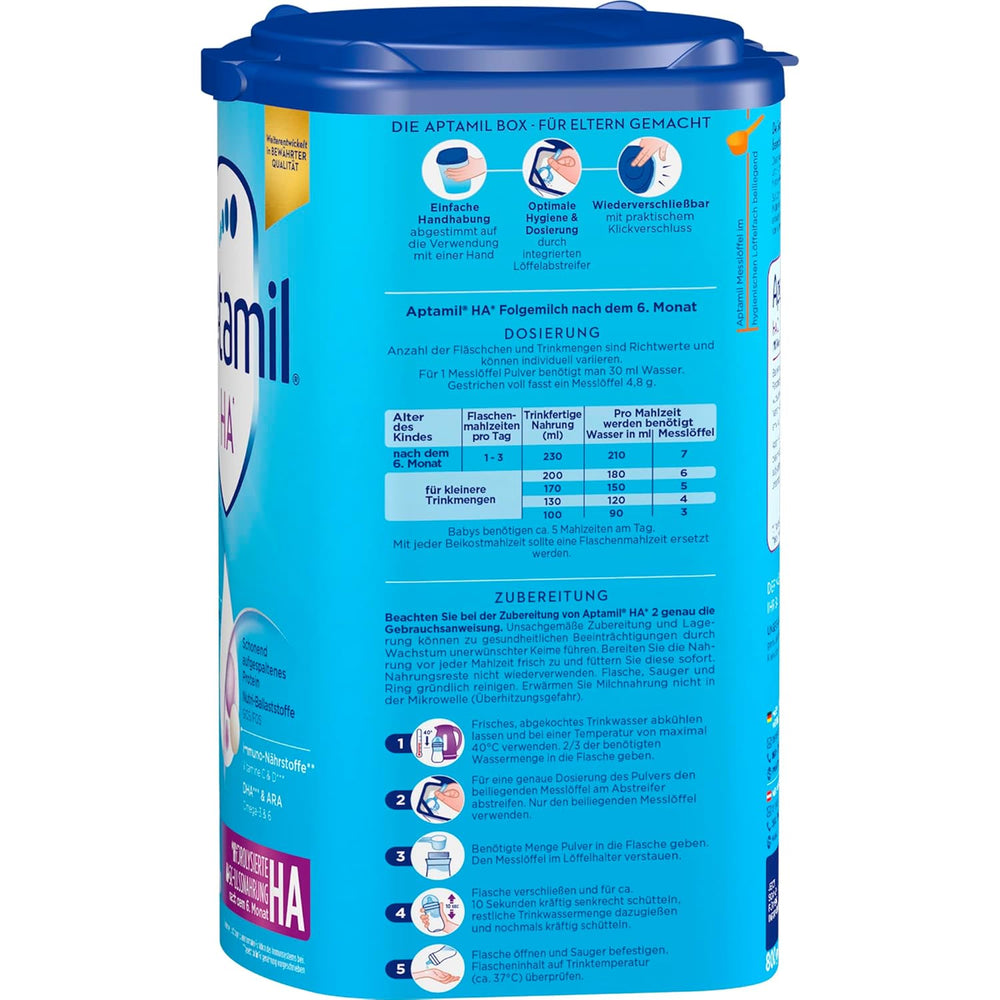 Aptamil HA 2 – Folgenahrung nach 6 Monaten, mit Omega 3 und 6, DHA, ARA und ALA, Laktosefrei, Palmölfrei, Babynahrung, Milchpulver, 1 x 800g (4er Pack)