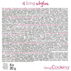 Scrapcooking – 4 markere pentru piese: auriu, ciocolatiu, alb și roșu – pixuri decorative comestibile pentru scris și desenat pe deserturi, prăjituri și biscuiți