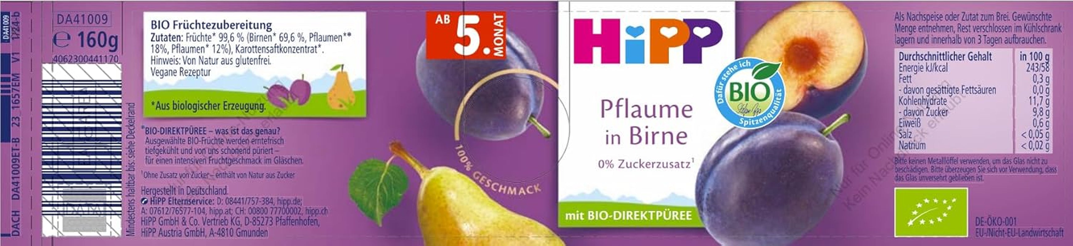 HiPP Bio-Pflaumen mit Birnengeschmack (6 x 160 g), ab 5 Monaten, ohne Zuckerzusatz, besonders intensiver Fruchtgeschmack, in bester Bio-Qualität.