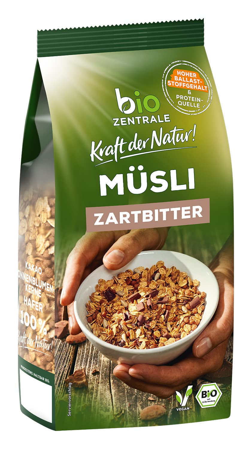 Biozentrales Müsli mit dunkler Schokolade | 500g Bio-Vegan | Ideal zum Frühstück und für die Tasse Müsli zum Mitnehmen | Alternative zu Müsliriegeln
