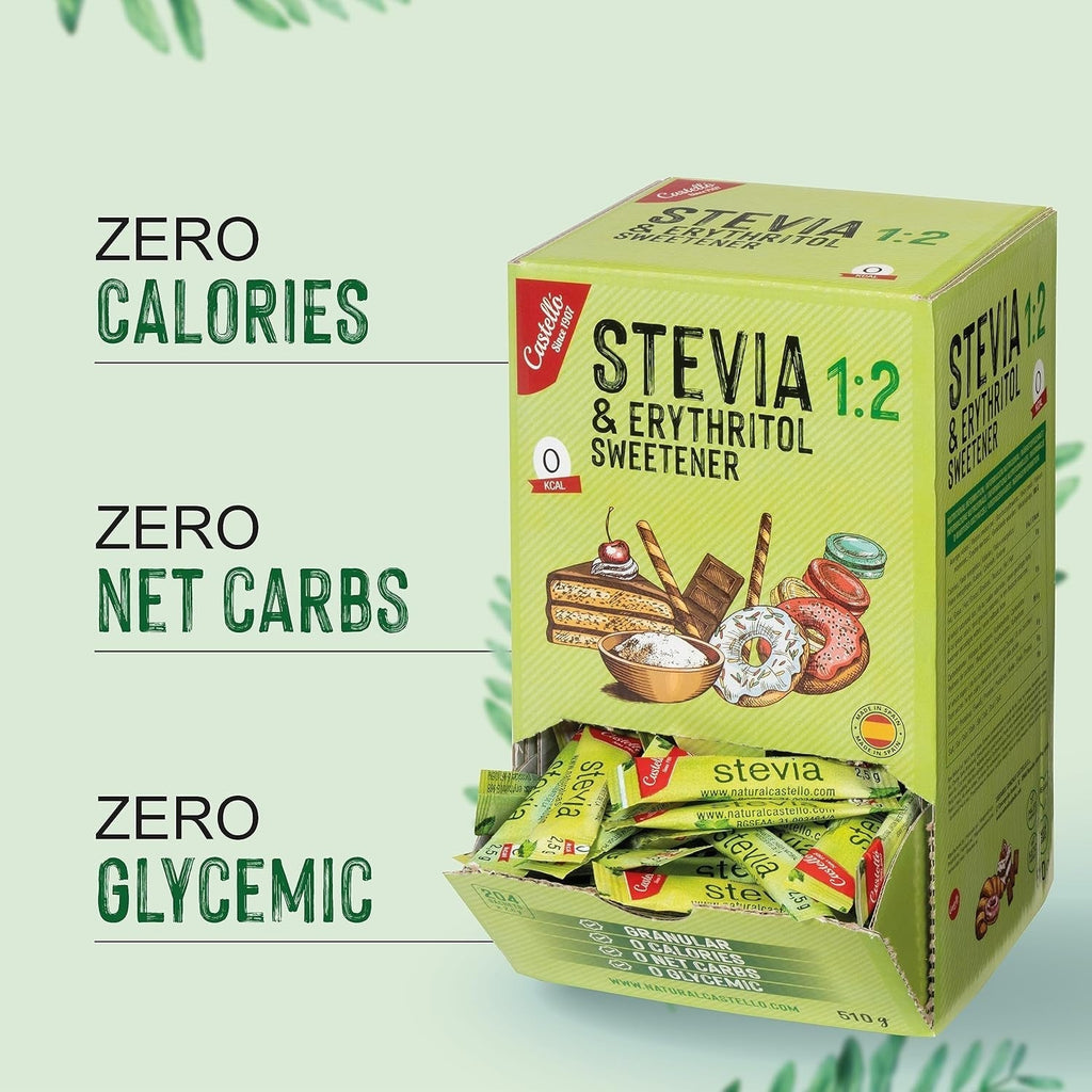 Stevia + Erythrit 1:2 Süßstoff | 204 Beutel Mit 2,5 G | 100% Natürlicher Zuckerersatz - 0 Kalorien - 0 Glykämischer Index - Keto Und Paleo - 0 Kohlenhydrate - Kein GVO - Castello since 1907-510 G Indulcitori Naty Shop