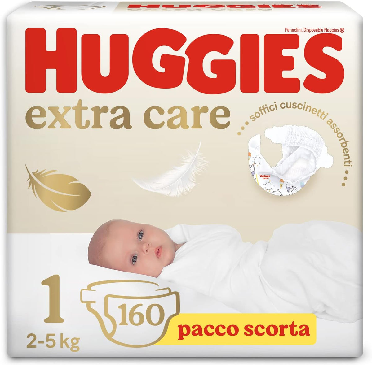 Huggies Extra Care Babywindeln, Größe 1 (2–5 kg), super saugfähig, Disney-Design, Großpackung, 160