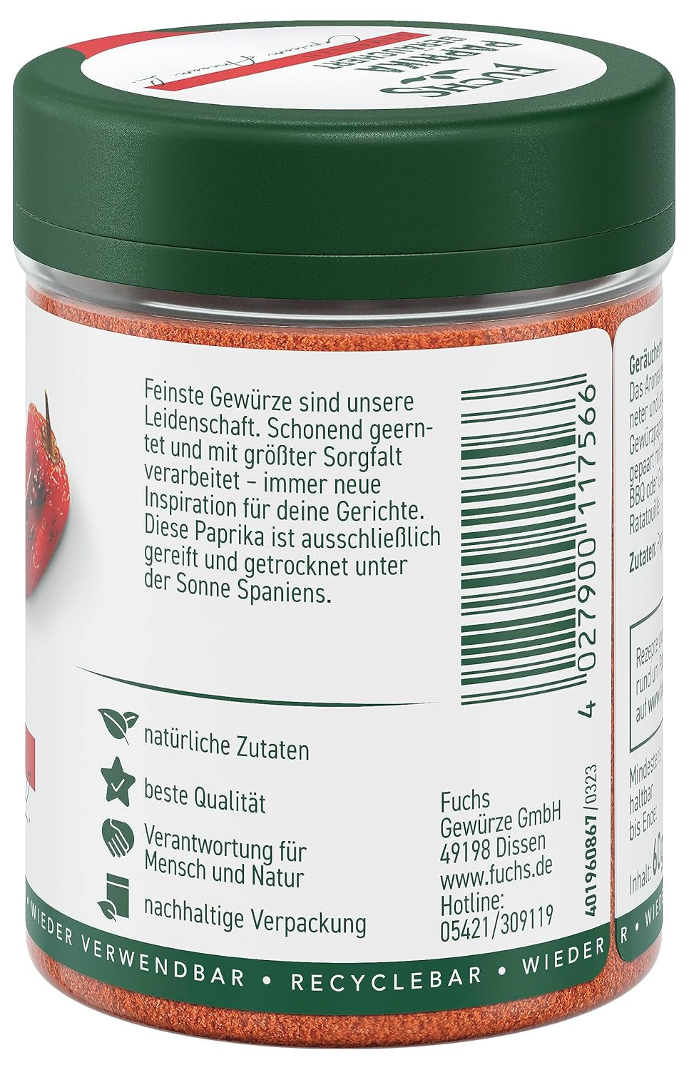 Fuchs Gewürze - Paprika geräuchert gemahlen - rauchiger Geschmack für BBQ, Gulasch oder Tofu - natürliche Zutaten - 60 g in wiederverwendbarer, recyclebarer Dose