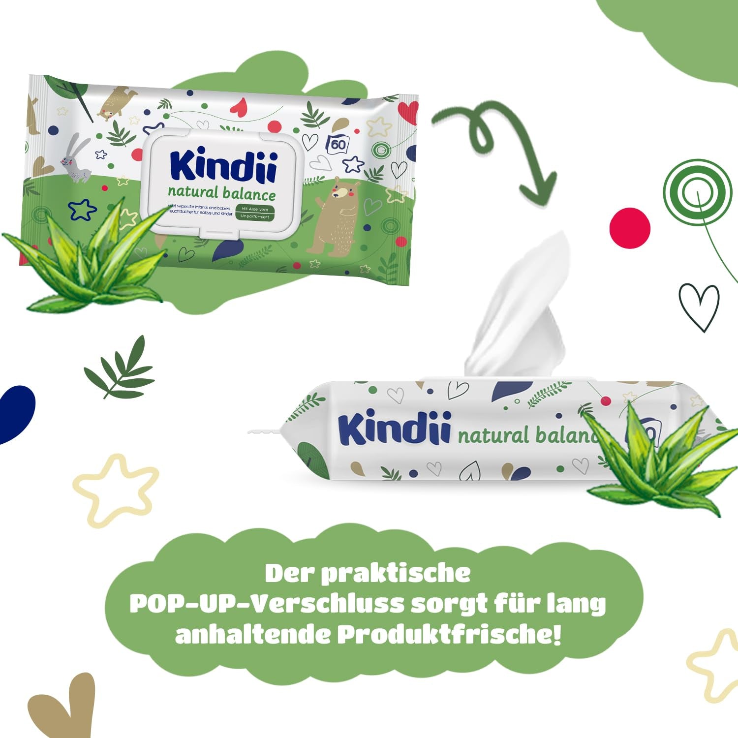 Kindii Natural Balance Feuchttücher für Babys – (1 x 60 Stk.) Feuchttücher für Babys und Kinder – Schützend, Aloe Vera, zarter Duft – 60 Stk.