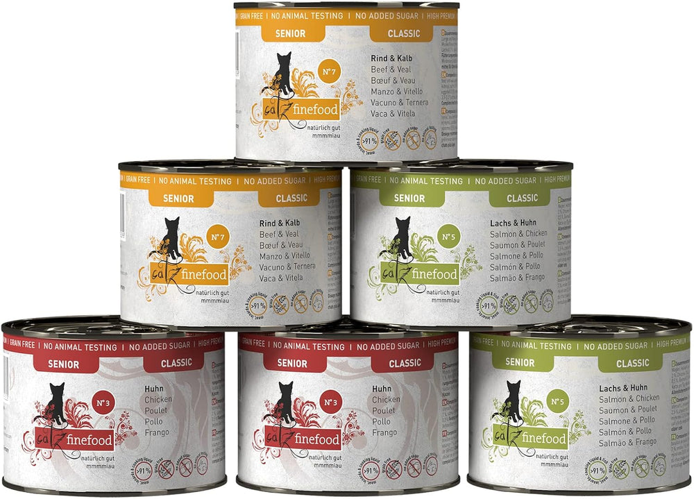 catz finefood Senior Collection Katzenfutter nass - Premium Nassfutter für Ihre Senior Katze - getreidefrei, ohne Zucker, hoher Fleischanteil, Vitamine & Mineralien (6 x 200g Dose)
