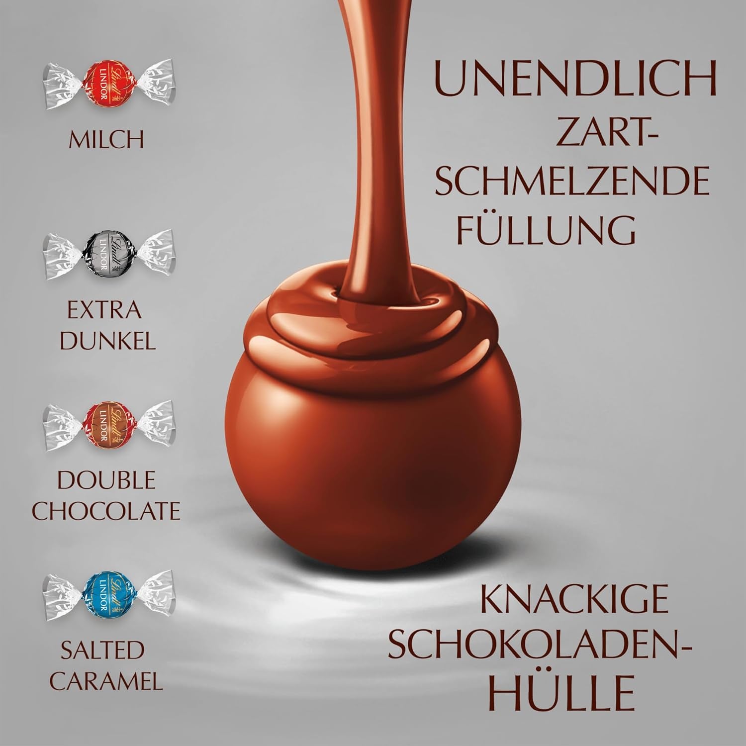 Lindt-Schokolade | Sortierte Tasche LINDOR silber | 1 kg Beutel | 80 zartschmelzende Milchschokoladenkugeln, 70 %, gesalzener Karamell und doppelter Schokoladengeschmack | Schenken Sie Schokolade zum Teilen