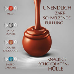 Lindt-Schokolade | Sortierte Tasche LINDOR silber | 1 kg Beutel | 80 zartschmelzende Milchschokoladenkugeln, 70 %, gesalzener Karamell und doppelter Schokoladengeschmack | Schenken Sie Schokolade zum Teilen