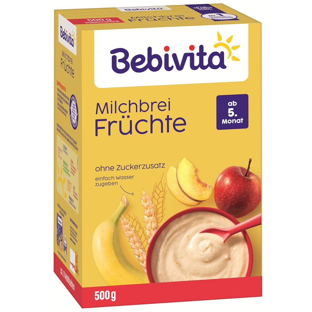 Milchbrei mit Früchten (4x500g), ab 5 Monaten, ohne Zuckerzusatz, mit wertvollen Mineralien und Vitaminen, sehr sättigend