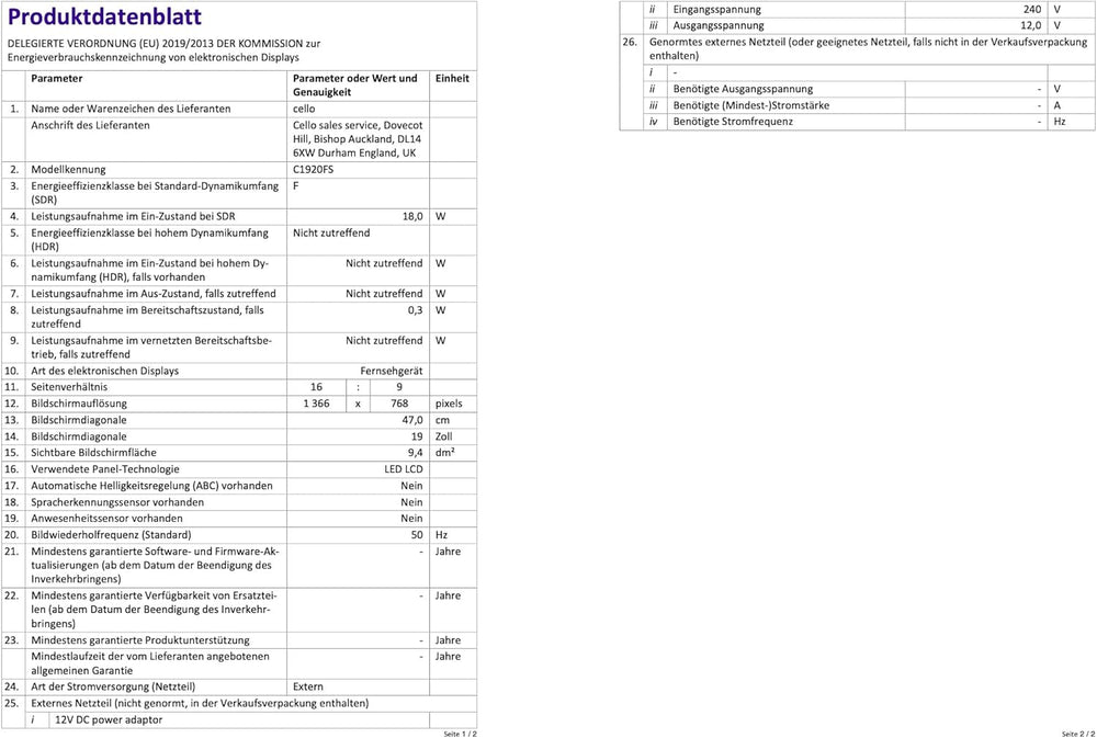 Televizor LED Cello C1920FSDE HD Ready de 19" (diagonală 47 cm), cu player DVD încorporat și tuner triplu DVBT2 S2, negru